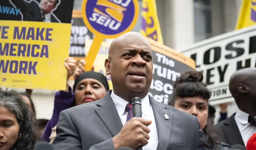 NEWARK, NEW JERSEY - MAY 15: Ras Baraka, Mayor of Newark, speaks to the media and supporters after exiting the courthouse on May 15, 2025 in Newark, New Jersey. Baraka appeared in federal court for a status conference on the Trump administration's charge that he trespassed last week at Delaney Hall, an ICE immigration detention center in Newark. (Photo by Stephanie Keith/Getty Images)