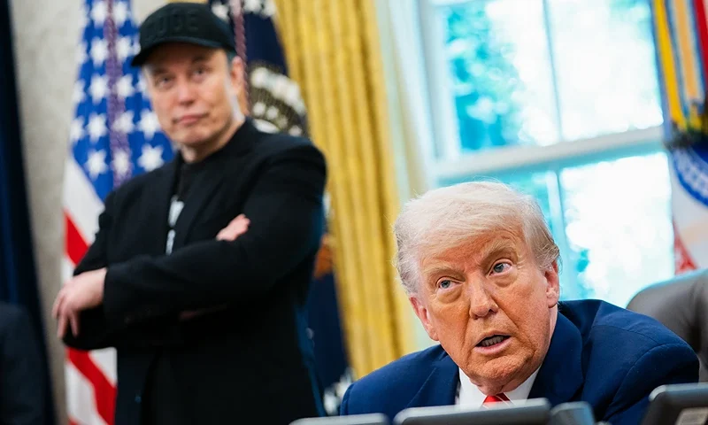 US President Donald Trump speaks during a news conference with Elon Musk (L) in the Oval Office of the White House in Washington, DC, on May 30, 2025. Musk, who stormed into US politics as President Trump's chainsaw-brandishing sidekick, announced on May 28 that he is leaving his role in US government, intended to reduce federal spending, shortly after his first major break with the President over Trump's signature spending bill. (Photo by Allison ROBBERT / AFP) (Photo by ALLISON ROBBERT/AFP via Getty Images)