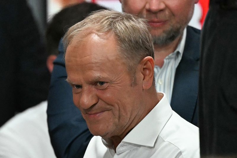 Poland's Prime Minister Donald Tusk and supporters of Rafal Trzaskowski, Warsaw's Mayor and member of ruling centrist Civic Coalition party, attend their election night event at the National Museum of Ethnography in Warsaw, Poland, during the second round of the presidential elections on June 1, 2025. Poles voted in a tight presidential election runoff that will have major implications for the country's role in Europe, and for abortion and LGBTQ rights. Opinion polls have predicted an extremely close race with nationalist historian Karol Nawrocki and pro-EU Warsaw Mayor Rafal Trzaskowski neck and neck ahead of the vote. (Photo by Sergei GAPON / AFP) (Photo by SERGEI GAPON/AFP via Getty Images)