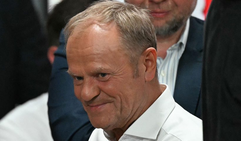 Poland's Prime Minister Donald Tusk and supporters of Rafal Trzaskowski, Warsaw's Mayor and member of ruling centrist Civic Coalition party, attend their election night event at the National Museum of Ethnography in Warsaw, Poland, during the second round of the presidential elections on June 1, 2025. Poles voted in a tight presidential election runoff that will have major implications for the country's role in Europe, and for abortion and LGBTQ rights. Opinion polls have predicted an extremely close race with nationalist historian Karol Nawrocki and pro-EU Warsaw Mayor Rafal Trzaskowski neck and neck ahead of the vote. (Photo by Sergei GAPON / AFP) (Photo by SERGEI GAPON/AFP via Getty Images)