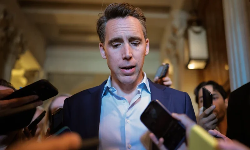 WASHINGTON, DC - JUNE 02: U.S. U.S Sen. Josh Hawley (R-MO) speaks to the press after voting on the nomination of Michael Duffey to be Under Secretary of Defense for Acquisition and Sustainment on June 02, 2025 in Washington, DC. Senators returned to Capitol Hill on Monday after the Memorial Day Holiday recess. (Photo by Kayla Bartkowski/Getty Images)