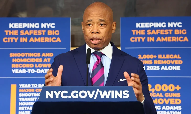 NEW YORK, NEW YORK - JUNE 03: New York Mayor Eric Adams speaks during a press conference on Public Safety at City Hall on June 03, 2025 in New York City. Adams and NYPD Commissioner Jessica Tisch held a press conference announcing the lowest number of shootings and homicides in recorded history during the first five months of 2025. (Photo by Michael M. Santiago/Getty Images)