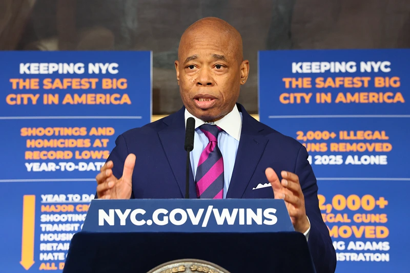 NEW YORK, NEW YORK - JUNE 03: New York Mayor Eric Adams speaks during a press conference on Public Safety at City Hall on June 03, 2025 in New York City. Adams and NYPD Commissioner Jessica Tisch held a press conference announcing the lowest number of shootings and homicides in recorded history during the first five months of 2025. (Photo by Michael M. Santiago/Getty Images)