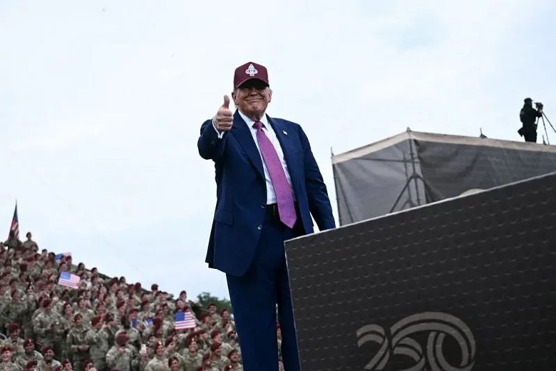 US President Donald Trump gives a thumbs up as he speaks at Fort Bragg, a US Army military installation, near Fayetteville, North Carolina, on June 10, 2025. (Photo by Brendan SMIALOWSKI / AFP) (Photo by BRENDAN SMIALOWSKI/AFP via Getty Images)