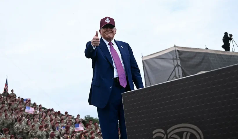 US President Donald Trump gives a thumbs up as he speaks at Fort Bragg, a US Army military installation, near Fayetteville, North Carolina, on June 10, 2025. (Photo by Brendan SMIALOWSKI / AFP) (Photo by BRENDAN SMIALOWSKI/AFP via Getty Images)
