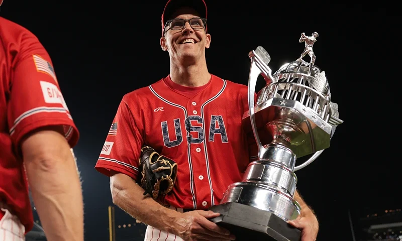 U.S. Rep. Randy Feenstra (R-IA) carries the trophy after Republicans win the annual Congressional baseball game at Nationals Park on June 11, 2025 in Washington, DC. The annual game that began in 1901, features Republican congressional members vs Democratic congressional members and raises money for charity. (Photo by Kayla Bartkowski/Getty Images)