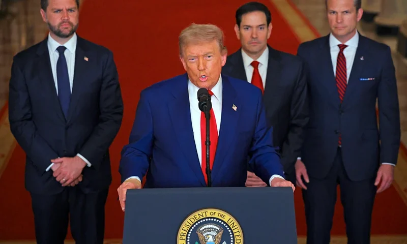 US President Donald Trump addresses the nation, alongside US Vice President JD Vance (L), US Secretary of State Marco Rubio (2nd R) and US Secretary of Defense Pete Hegseth (R), from the White House in Washington, DC on June 21, 2025, following the announcement that the US bombed nuclear sites in Iran. President Donald Trump said June 21, 2025 the US military has carried out a "very successful attack" on three Iranian nuclear sites, including the underground uranium enrichment facility at Fordo. "We have completed our very successful attack on the three Nuclear sites in Iran, including Fordow, Natanz, and Esfahan," Trump said in a post on his Truth Social platform. (Photo by Carlos Barria / POOL / AFP) (Photo by CARLOS BARRIA/POOL/AFP via Getty Images)