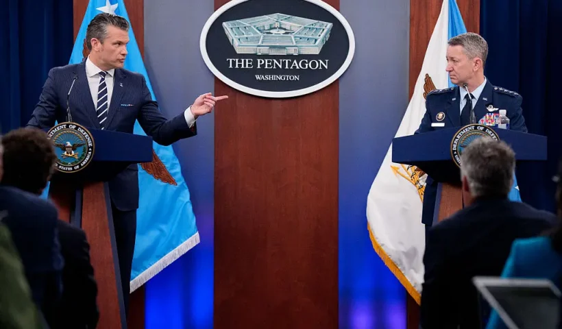 ARLINGTON, VIRGINIA - JUNE 22: U.S. Defense Secretary Pete Hegseth (L), accompanied by Chairman of the Joint Chiefs of Staff Air Force Gen. Dan Caine (R), speaks during a news conference at the Pentagon on June 22, 2025 in Arlington, Virginia. U.S. President Donald Trump gave an address to the nation last night after three Iranian nuclear facilities were struck by the U.S. military. (Photo by Andrew Harnik/Getty Images)
