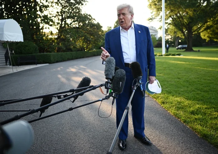 US President Donald Trump speaks to the press before boarding Marine One from the South Lawn of the White House in Washington, DC on June 24, 2025, to attend the NATO's Heads of State and Government summit in The Hague. (Photo by Mandel NGAN / AFP) (Photo by MANDEL NGAN/AFP via Getty Images)