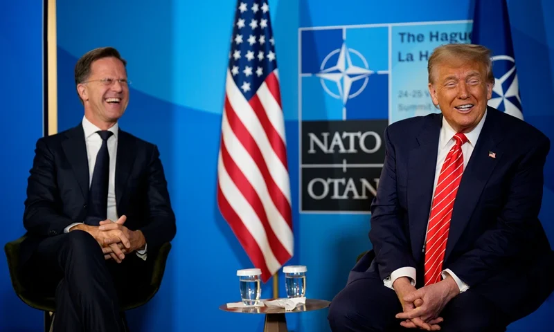 THE HAGUE, NETHERLANDS - JUNE 25: U.S. President Donald Trump (R) and NATO Secretary General Mark Rutte speak to media at the start of the second day of the 2025 NATO Summit on June 25, 2025 in The Hague, Netherlands. Among other matters, members are to approve a new defense investment plan that raises the target for defense spending to 5% of GDP. (Photo by Andrew Harnik/Getty Images)