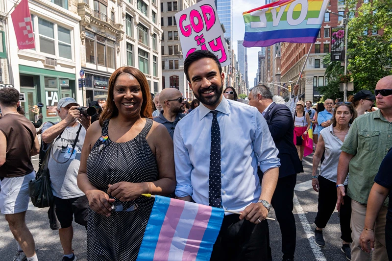 NEW YORK, NEW YORK - JUNE 29: Zohran Mamdani, New York City Mayoral Candidate, and Letitia James, Attorney General of New York, take part in the 2025 NYC Pride March on June 29, 2025 in New York City. The annual Pride parade is expected to draw more than a million people for the largest Pride event in North America. It will feature 60 floats and over 75,000 marchers. (Photo by Adam Gray/Getty Images)
