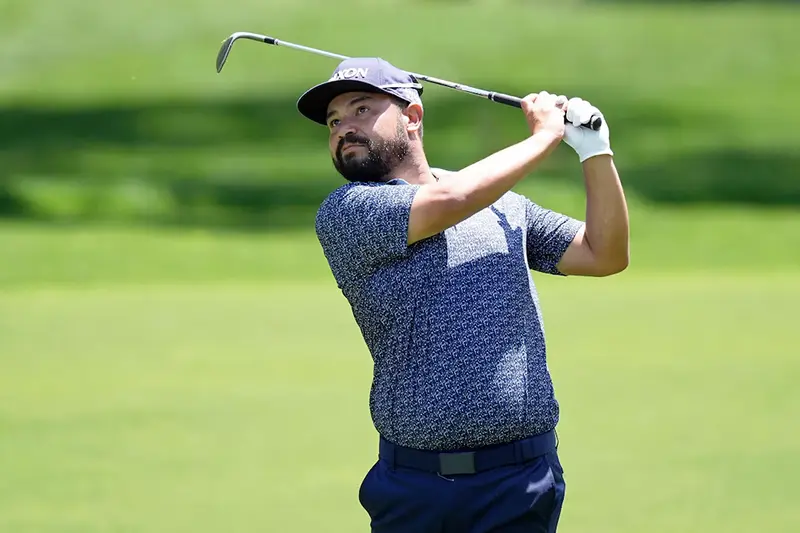 J.J. Spaun takes a shot on the second hole during the third round of the PGA Championship golf tournament at Quail Hollow. Mandatory Credit: Jim Dedmon-Imagn Images/File Photo