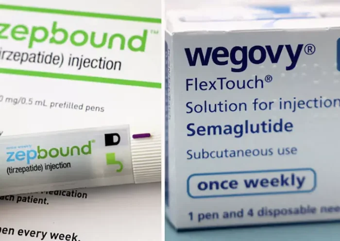 A combination image shows an injection pen of Zepbound, Eli Lilly's weight loss drug, and boxes of Wegovy, made by Novo Nordisk. REUTERS/Hollie Adams/Brendan McDermid/Combination/File Photo