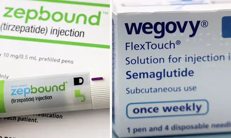A combination image shows an injection pen of Zepbound, Eli Lilly's weight loss drug, and boxes of Wegovy, made by Novo Nordisk. REUTERS/Hollie Adams/Brendan McDermid/Combination/File Photo