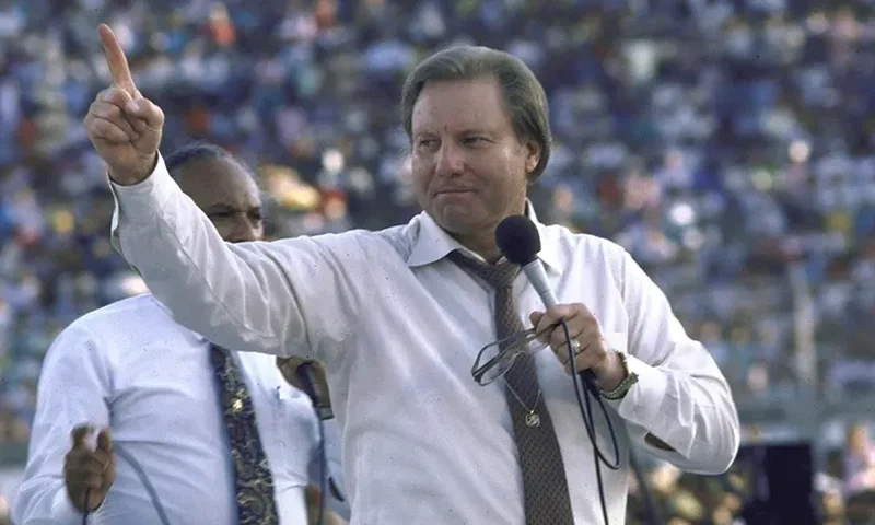TV evangelist Jimmy Swaggart holding huge crowd spellbound, preaching at Flora Blanca Stadium. (Photo by Cindy Karp/Getty Images)