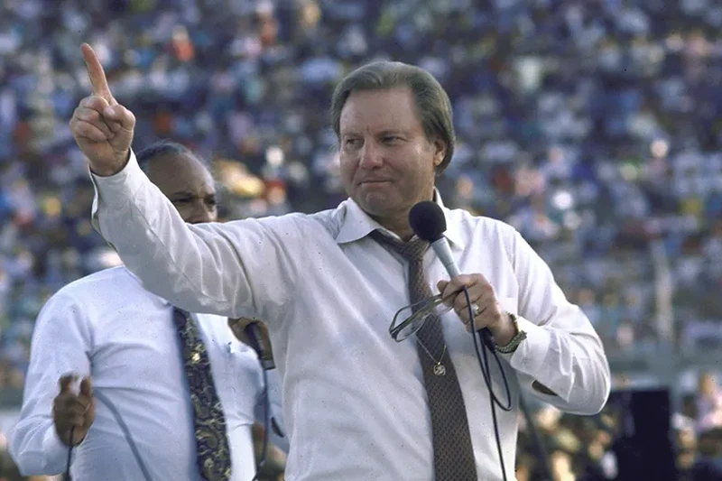 TV evangelist Jimmy Swaggart holding huge crowd spellbound, preaching at Flora Blanca Stadium. (Photo by Cindy Karp/Getty Images)