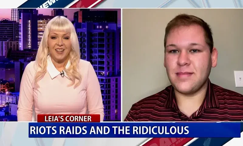 A split screen with Leia Page on the left and guest Riley Mitchell on the right.