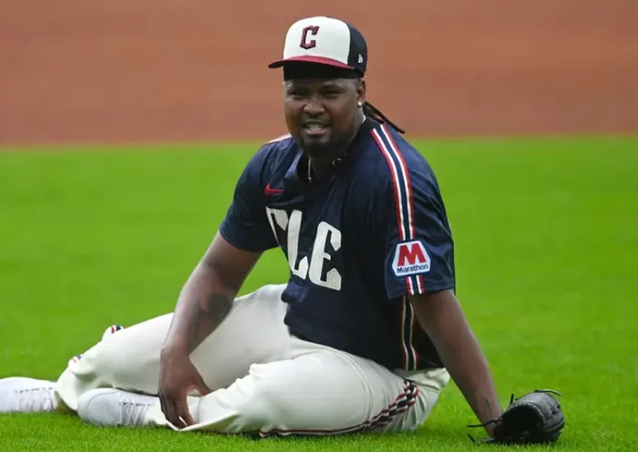 Cleveland Guardians starting pitcher Luis Ortiz (45) reacts after slipping while fielding a ground ball in the first inning against the St. Louis Cardinals at Progressive Field. Mandatory Credit: David Richard-Imagn Images/File Photo