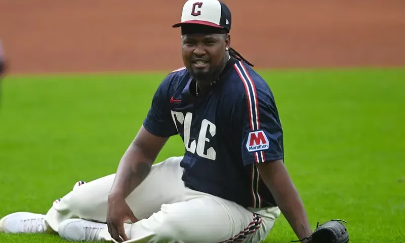 Cleveland Guardians starting pitcher Luis Ortiz (45) reacts after slipping while fielding a ground ball in the first inning against the St. Louis Cardinals at Progressive Field. Mandatory Credit: David Richard-Imagn Images/File Photo