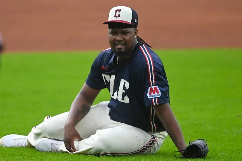 Cleveland Guardians starting pitcher Luis Ortiz (45) reacts after slipping while fielding a ground ball in the first inning against the St. Louis Cardinals at Progressive Field. Mandatory Credit: David Richard-Imagn Images/File Photo