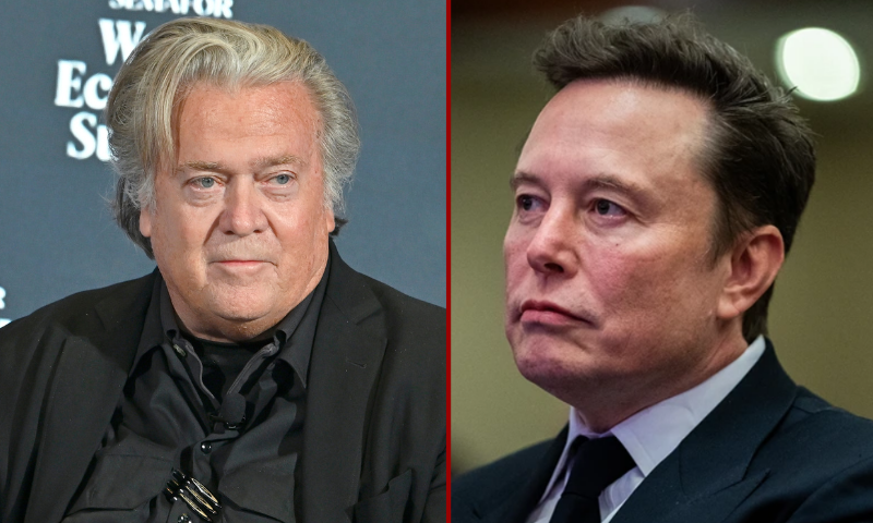 (L) Elon Musk listens as US President-elect Donald Trump speaks during a House Republicans Conference meeting at the Hyatt Regency on Capitol Hill on November 13, 2024 in Washington, DC. (Allison Robbert-Pool/Getty Images) / (R) WASHINGTON, DC - APRIL 23: Steve Bannon, Chief Strategist to the 45th President; Founder and Host of Bannon's WarRoom speaks on stage during The Semafor 2025 World Economy Summit - Day 1 at Conrad Washington on April 23, 2025 in Washington, DC. (Photo by Shannon Finney/Getty Images for Semafor)
