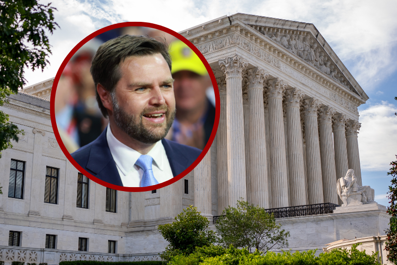 (Background) WASHINGTON, DC - JUNE 20: An exterior view of the Supreme Court on June 20, 2024 in Washington, DC. The Supreme Court is about to issue rulings on a variety of high profile cases dealing with abortion rights, gun rights, and former President Donald Trump's immunity claim, putting the court at the center of many hot political topics during an election year. (Photo by Andrew Harnik/Getty Images) / (L) MILWAUKEE, WISCONSIN - JULY 15: Trump's pick for Vice President, U.S. Sen. J.D. Vance (R-OH) arrives on the first day of the Republican National Convention at the Fiserv Forum on July 15, 2024 in Milwaukee, Wisconsin. Delegates, politicians, and the Republican faithful are in Milwaukee for the annual convention, concluding with former President Donald Trump accepting his party's presidential nomination. The RNC takes place from July 15-18. (Photo by Joe Raedle/Getty Images)