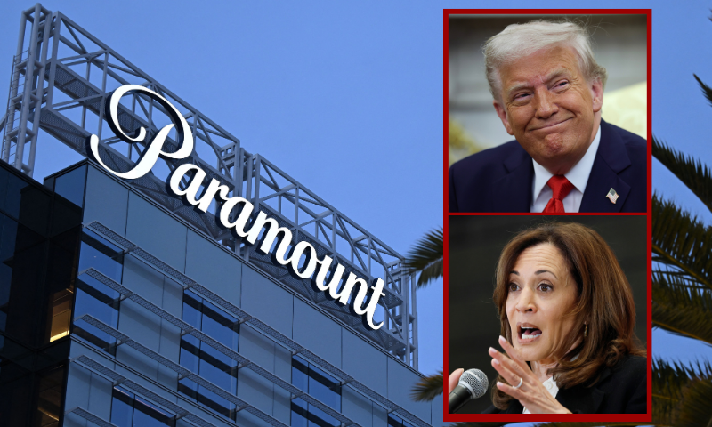 (Background) The Paramount logo is displayed at Columbia Square along Sunset Blvd in Hollywood, California on March 9, 2023. (Photo by Patrick T. Fallon / AFP) (Photo by PATRICK T. FALLON/AFP via Getty Images) / (R-Top) WASHINGTON, DC - APRIL 14: U.S. President Donald Trump smiles as he meets with President Nayib Bukele of El Salvador in the Oval Office of the White House April 14, 2025 in Washington, DC. Trump and Bukele were expected to discuss a range of bilateral issues including the detention of Kilmar Armando Abrego Garcia, who has been held in a prison in El Salvador since March 15. (Photo by Win McNamee/Getty Images) / (R-Bottom) LOS ANGELES, CALIFORNIA - JUNE 06: Former Vice President Kamala Harris speaks at the State of the People POWER Tour opening ceremony on June 6, 2025 in Los Angeles, California. The ten city State of the People POWER Tour is a national campaign aimed at ‘uniting Black communities through healing, direct relief, and power building.’ (Photo by Mario Tama/Getty Images)