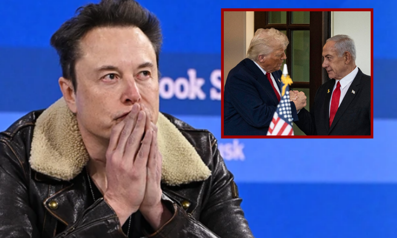 Elon Musk speaks onstage. (Slaven Vlasic/Getty Images for The New York Times) / (R) President Donald J Trump walks out Israeli Prime Minister Benjamin Netanyahu. (Photo by ANDREW THOMAS/Middle East Images/AFP via Getty Images)
