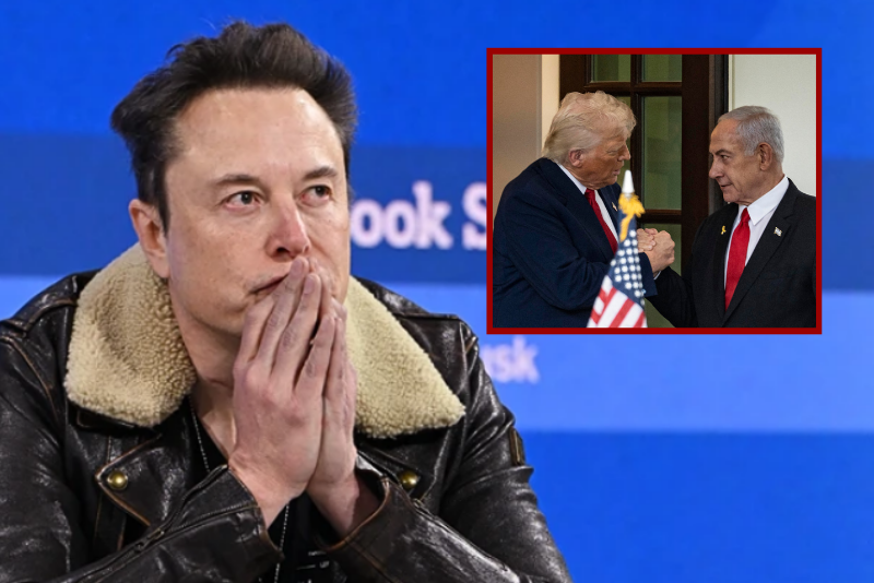 Elon Musk speaks onstage. (Slaven Vlasic/Getty Images for The New York Times) / (R) President Donald J Trump walks out Israeli Prime Minister Benjamin Netanyahu. (Photo by ANDREW THOMAS/Middle East Images/AFP via Getty Images)