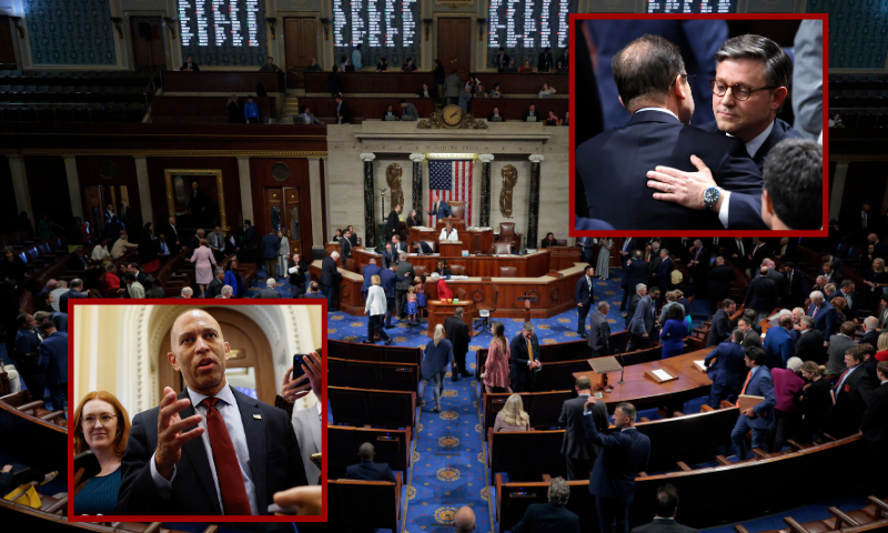(Background) WASHINGTON, DC - JULY 03: The House of Representatives meets to vote on H.R. 1, the One, Big, Beautiful Bill Act in the House of Representatives at the U.S. Capitol on July 03, 2025 in Washington, DC. The House is voting on the sweeping tax and spending bill after days of negotiating with Republican holdouts. The bill will make President Donald Trump’s 2017 tax cuts permanent, increase spending on defense and immigration enforcement and temporarily cut taxes on tips, while at the same time cutting funding for Medicaid, food assistance for the poor, clean energy and raises the nation’s debit limit by $5 trillion. (Photo by Chip Somodevilla/Getty Images) / (L-Bottom) WASHINGTON, DC - JULY 03: U.S. House Minority Leader Hakeem Jeffries (D-NY) walks off the House floor after speaking for 8 hours and 45 minutes as the House debates the One, Big, Beautiful Bill Act at the U.S. Capitol on July 03, 2025 in Washington, DC. Jeffries broke the record for the longest floor speech for the House of Representatives, breaking former Speaker Kevin McCarthy's (R-CA) record of 8 hours, 33 minutes. House Republicans are working to pass the One, Big, Beautiful Bill Act, President Trump's sweeping tax and spending bill. (Photo by Kevin Dietsch/Getty Images) / (R-Top) WASHINGTON, DC - JULY 03: U.S. Speaker of the House Mike Johnson (R-LA) hugs a fellow members as the House of Representatives meets to vote on H.R. 1, the One, Big, Beautiful Bill Act in the House of Representatives at the U.S. Capitol on July 03, 2025 in Washington, DC. The House is voting on the sweeping tax and spending bill after days of negotiating with Republican holdouts. The bill will make President Donald Trump’s 2017 tax cuts permanent, increase spending on defense and immigration enforcement and temporarily cut taxes on tips, while at the same time cutting funding for Medicaid, food assistance for the poor, clean energy and raises the nation’s debit limit by $5 trillion. (Photo by Chip Somodevilla/Getty Images)