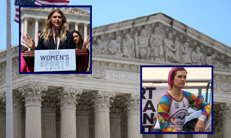 (Background) A view of the US Supreme Court on July 1, 2024, in Washington, DC. Donald Trump on Monday hailed a "big win" for democracy after the US Supreme Court ruled that presidents have presumptive immunity for official acts -- a decision set to delay his trial for conspiring to overturn his 2020 election loss. (Photo by Drew ANGERER / AFP) (Photo by DREW ANGERER/AFP via Getty Images) / (R-Bottom) Canadian cyclist Rachel McKinnon poses for a photograph before competing against the USA's Dawn Orwick in their F35-39 Sprint Final during the 2019 UCI Track Cycling World Masters Championship, in Manchester on October 19, 2019. - Transgender cyclist Rachel McKinnon has defended her right to compete in women's sport despite accepting trans athletes may retain a physical advantage over their rivals. (Photo by OLI SCARFF / AFP) (Photo by OLI SCARFF/AFP via Getty Images) / (L-Top) WASHINGTON, DC - APRIL 20: Lee University student athlete Macy Petty speaks during an event celebrating the House of Representatives passing The Protection Of Women And Girls In Sports Act outside the U.S. Capitol on April 20, 2023 in Washington, DC. President Joe Biden has promised to veto the legislation, which defines sex as 'based solely on a person’s reproductive biology and genetics at birth' and would ban all transgender women and girls from competing in female school sports. (Photo by Chip Somodevilla/Getty Images)