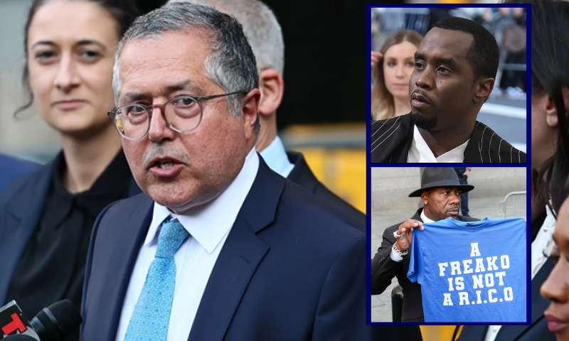 (Background) Marc Agnifilo, attorney for Sean "Diddy" Combs, (C) gives a brief statement at Manhattan Federal Court after Comb's bail hearing following his sex trafficking and racketeering trial on July 02, 2025 in New York City. (Michael M. Santiago/Getty Images) / (R-Top) NEW YORK, NY - MAY 01: Cassie (L) and Sean 'Diddy' Combs aka Puff Daddy attend the "Rei Kawakubo/Comme des Garcons: Art Of The In-Between" Costume Institute Gala at Metropolitan Museum of Art on May 1, 2017 in New York City. (Photo by Mike Coppola/Getty Images for People.com) / (R-Bottom) NEW YORK, NEW YORK - JULY 2: Charlie Lucci, a supporter and family friend of Sean "Diddy" Combs, holds up a shirt as he arrives at Manhattan Federal Court for Combs' bail hearing following his sex trafficking and racketeering trial on July 02, 2025 in New York City. Combs was found not guilty of racketeering and sex trafficking but convicted of a less serious prostitution charge after a high-profile seven week trial in New York. (Photo by Eduardo Munoz Alvarez/Getty Images)