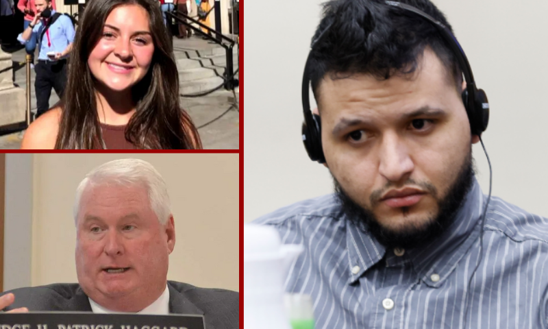 (L-Top) Laken Riley. (Photo: courtesy of the Riley family) (L-Bottom) Judge Patrick Haggard. (Photo via: oconeecountyobservations.org. (R) Jose Ibarra looks down as he listens through an interpreter during his trial at the Athens-Clarke County Superior Court on Monday, Nov. 18, 2024, in Athens, Ga. (Photo via: Miguel Martinez/Atlanta Journal-Constitution via AP, Pool)