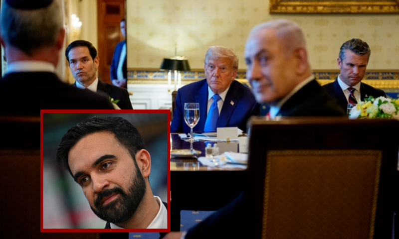 (Background) (L-R) Secretary of State Marco Rubio, U.S. President Donald Trump, Israeli Prime Minister Benjamin Netanyahu, and Defense Secretary Pete Hegseth, attend a dinner in the Blue Room of the White House on July 07, 2025 in Washington, DC. (Andrew Harnik/Getty Images) / (L-Bottom) Zohran Mamdani, Democratic candidate for mayor speaks during a press conference celebrating his primary victory with leaders and members of the city's labor unions on July 2, 2025 in New York. Mamdani defeated Cuomo by 12 points, crossing 50% after just 3 rounds and receiving the most votes in a Democratic primary for NYC Mayor in 36 years. (Photo by ANGELA WEISS / AFP) (Photo by ANGELA WEISS/AFP via Getty Images)