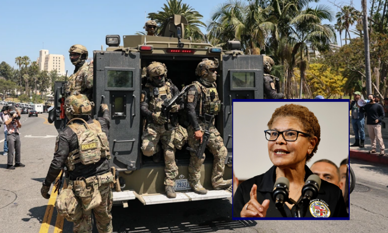 (Background) Federal agents with US Customs and Border Patrol (CBP) ride on an armored vehicle driving slowly down Wilshire Boulevard near MacArthur Park in Los Angeles, California, on July 7, 2025. (PATRICK T. FALLON/AFP via Getty Images) / (R-Bottom) LOS ANGELES, CALIFORNIA - JUNE 12: Los Angeles Mayor Karen Bass speaks at a press conference with civic leaders and members of the immigrant community on June 12, 2025 in Los Angeles, California. Bass spoke to members of the media about immigration raids and discussed Sen. Alex Padilla (D-CA) being forcibly removed from a Department of Homeland Security (DHS) press conference today. (Photo by Mario Tama/Getty Images)
