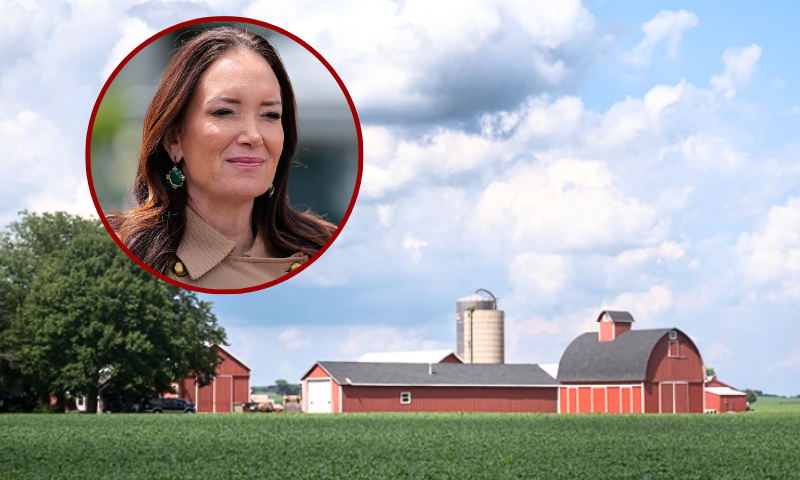 (Background) Soybeans grow on a farm on July 09, 2025 near Belvidere, Illinois. (Scott Olson/Getty Images) / (L-Top) WASHINGTON, DC - MAY 20: U.S. Agriculture Secretary Brooke Rollins is interviewed outside the White House on May 20, 2025 in Washington, DC. Rollins signed a waiver that will remove soda and energy drinks from the list of things people can buy with Supplemental Nutrition Assistance Program (SNAP) funds in certain statis starting in 2026. (Photo by Chip Somodevilla/Getty Images)