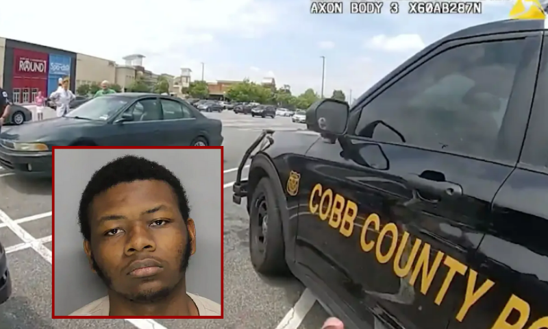(Background) The Cobb County Police Department released bodycam footage of the rescue. / (L-Bottom) J’quawn Dixon was arrested. Police have charged him with two felony counts of second-degree child cruelty. (Photos via: Cobb County Police Department)