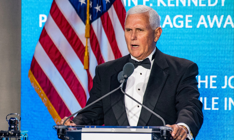 Former US Vice President Mike Pence speaks after accepting the 2025 John F. Kennedy Profile in Courage Award at the John F. Kennedy Presidential Library and Museum in Boston, Massachusetts on May 4, 2025. (Photo by JOSEPH PREZIOSO/AFP via Getty Images)