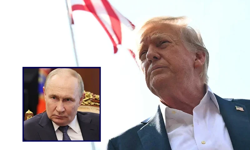 In this pool photograph distributed by the Russian state agency Sputnik, Russia's President Vladimir Putin meets with Belgorod Region Governor in Moscow on July 11, 2025. (Photo by Mikhail METZEL / POOL / AFP) (Photo by MIKHAIL METZEL/POOL/AFP via Getty Images) / (Background) US President Donald Trump speaks to the press before boarding Marine One on the South Lawn of the White House in Washington, DC, on July 11, 2025. Trump is headed to Texas to tour the areas devastated by flash flooding over the Fourth of July weekend which left at least 120 people dead and 170 still missing. (Photo by ANDREW CABALLERO-REYNOLDS / AFP) (Photo by ANDREW CABALLERO-REYNOLDS/AFP via Getty Images)