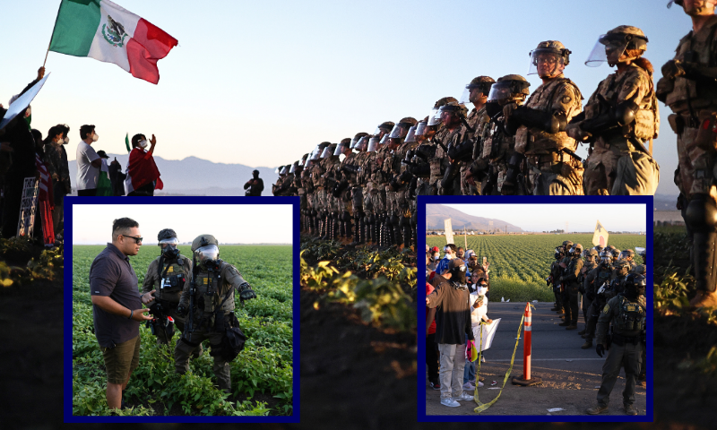 (Background) CAMARILLO, CALIFORNIA - JULY 10: National Guard soldiers block protestors during an ICE immigration raid at a nearby cannabis farm on July 10, 2025 near Camarillo, California. Protestors stood off with federal agents for hours outside the farm in the farmworker community in Ventura County. A Los Angeles federal judge is set to rule Friday on a temporary restraining order which would restrict area immigration enforcement operations. (Photo by Mario Tama/Getty Images) / (L-Bottom) US Customs and Border Protection officers warn a protester that he will be arrested if he does not move back during a demonstration against federal immigration raids at Glass House Farms in Camarillo, California, July 10, 2025. Federal immigration agentsbacked by CBP, Border Patrol units, National Guard troops, helicopters, and military style vehiclesraided Glass House Farms in Camarillo early July 10, 2025, targeting state licensed cannabis and other crop operations, detaining between a dozen and 100 farmworkers, and deploying smoke or tear gas canisters and rubber bullets to disperse a crowd of several hundred protesters on Laguna Road. (Photo by BLAKE FAGAN / AFP) (Photo by BLAKE FAGAN/AFP via Getty Images) / (R-Bottom) Protestors face off with US Customs and Border Protection officers outside a Federal Immigration raid at Glass House Farms in Camarillo, California, July 10, 2025. Federal immigration agentsbacked by CBP, Border Patrol units, National Guard troops, helicopters, and military style vehiclesraided Glass House Farms in Camarillo early July 10, 2025, targeting state licensed cannabis and other crop operations, detaining between a dozen and 100 farmworkers, and deploying smoke or tear gas canisters and rubber bullets to disperse a crowd of several hundred protesters on Laguna Road. (Photo by BLAKE FAGAN / AFP) (Photo by BLAKE FAGAN/AFP via Getty Images)
