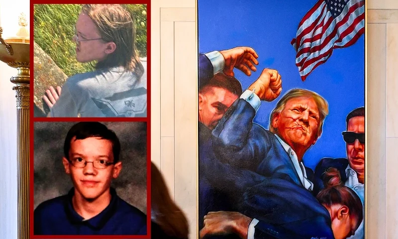 (L-Top) Thomas Matthew Crooks at age 20. (Photo via: After Action Beaver County ESU/SWAT Report) / (L-Bottom) A younger Thomas Matthew Crooks. (Photo via: After Action Beaver County ESU/SWAT Report) / (Background) WASHINGTON, DC - APRIL 15: A painting depicting the Associated Press photograph of the aftermath of the assassination attempt on then U.S. Presidential candidate Donald Trump in Butler, Pennsylvania hangs in the Entrance Hall of the White House on April 15, 2025 in Washington, DC. The painting has recently replaced the White House portrait of former U.S. President Barack Obama. (Photo by Win McNamee/Getty Images)