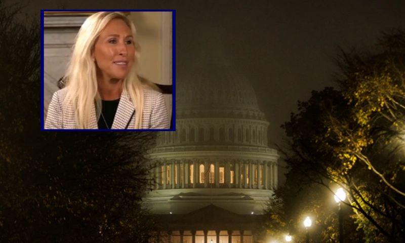 (L) Marjorie Taylor Greene (R-Ga.). (Photo via: screenshot image from interview) / (Background) Fog envelopes the U.S. Capitol building (Samuel Corum/Getty Images)