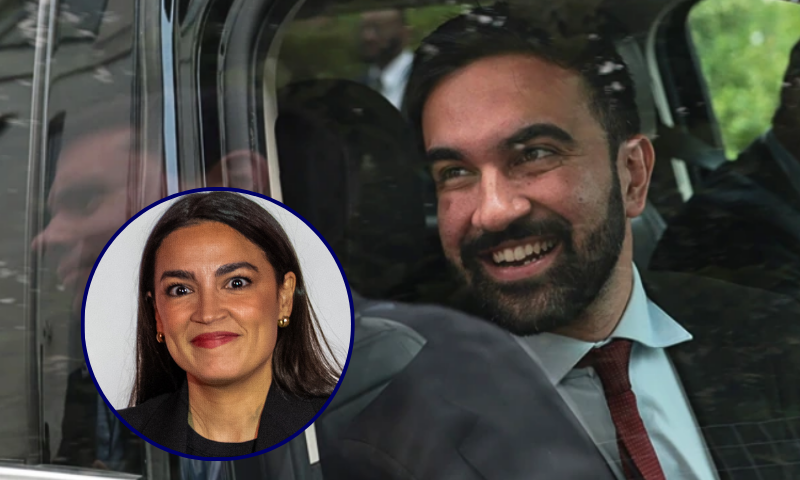 (L) NEW YORK, NEW YORK - MAY 2: Rep. Alexandria Ocasio-Cortez (D-NY) departs from a town hall gathering on May 2, 2025 in New York City. U.S. Rep. Alexandria Ocasio-Cortez (D-NY) has been traveling across the United States with Sen. Bernie Sanders (I-VT) on his "Fighting Oligarchy" tour. (Photo by David Dee Delgado/Getty Images) / (Background) WASHINGTON, DC - JULY 16: NYC Mayoral Candidate Zohran Mamdani briefly speaks with reporters as he leaves the Dirksen Senate Office Building on July 16, 2025 in Washington, DC. Zohran met privately with Sanders after attending a breakfast event hosted by Rep. Alexandria Ocasio-Cortez (D-N.Y.) He is expected to meet House Minority Leader Rep. Hakeem Jeffries (D-NY), who has yet to endorse later this week. (Photo by Michael M. Santiago/Getty Images)