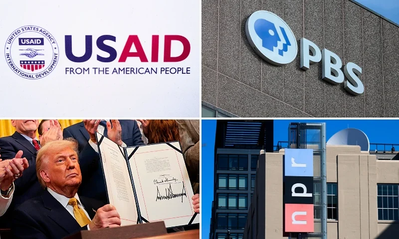 (L-Top) DRUZHKIVKA, UKRAINE - FEBRUARY 7: The logo of USAID is printed on a banner listing the countries funding the World Food Programme at a food distribution point run by the Ukrainian charity Angels of Salvation (AOS) on February 7, 2025 in Druzhkivka, Ukraine. Angels of Salvation provides a range of humanitarian assistance in frontline areas across the Donetsk, Luhansk and Kherson regions. Among the charity's funders has been the U.S. Agency for International Development (USAID), which has provided Ukraine with billions of dollars in humanitarian aid and financial support since Russia's large-scale invasion in February 2022. The Trump Administration recently imposed a spending freeze on USAID and announced that most of its global staff were being placed on leave. (Photo by Pierre Crom/Getty Images) / (L-Bottom) WASHINGTON, DC - JULY 16: U.S. President Donald Trump displays a signed bill during an event in the East Room of the White House on July 16, 2025 in Washington, DC. President Trump signed the HALT Fentanyl Act, which aims to permanently classify all fentanyl-related substances as schedule I controlled substances and aid law enforcement in prosecuting trafficking and manufacturing offenses. (Photo by Anna Moneymaker/Getty Images) / (R-Top) ARLINGTON, VA - FEBRUARY 18: A sign for the Public Broadcasting Service (PBS) is seen on its building headquarters on February 18, 2025 in Arlington, Virginia. The federal government's partial funding of the Public Broadcasting Service is now being examined by Elon Musk's U.S. Department of Government Efficiency (DOGE). Rep. Marjorie Taylor Greene (R-GA) has also called upon the head of PBS to testify in front of Congress next month on alleged news bias. (Photo by Kayla Bartkowski/Getty Images) / (R-Bottom) The headquarters for National Public Radio (NPR) in Washington, DC, March 26, 2025. (Photo by SAUL LOEB / AFP) (Photo by SAUL LOEB/AFP via Getty Images)