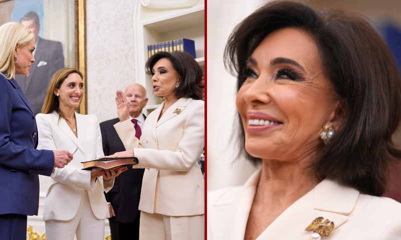 (L)WASHINGTON, DC - MAY 28: U.S. President Donald Trump (L) watches as interim U.S. Attorney for Washington, D.C. Jeanine Pirro (R) is sworn in by Attorney General Pam Bondi (C) during a ceremony in the Oval Office of the White House on May 28, 2025 in Washington, DC. Trump has announced Pirro, a former Fox News personality, judge, prosecutor, and politician, after losing support in the Senate for his first choice, Ed Martin, over his views on the January 6, 2021 attack on the U.S. Capitol. (Photo by Andrew Harnik/Getty Images) /(R) WASHINGTON, DC - MAY 28: Interim U.S. Attorney for Washington, D.C. Jeanine Pirro stands during her swearing in ceremony in the Oval Office of the White House on May 28, 2025 in Washington, DC. Trump has announced Pirro, a former Fox News personality, judge, prosecutor, and politician, after losing support in the Senate for his first choice, Ed Martin, over his views on the January 6, 2021 attack on the U.S. Capitol. (Photo by Andrew Harnik/Getty Images)