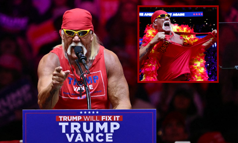 (Background) Former pro wrestler Hulk Hogan speaks at a campaign rally for former US President and Republican presidential candidate Donald Trump at Madison Square Garden in New York on October 27, 2024. (Photo by ANGELA WEISS / AFP) (Photo by ANGELA WEISS/AFP via Getty Images) / (R) NEW YORK, NEW YORK - OCTOBER 27: Hulk Hogan takes the stage during a campaign rally for Republican presidential nominee, former U.S. President Donald Trump at Madison Square Garden on October 27, 2024 in New York City. Trump closed out his weekend of campaigning in New York City with a guest list of speakers that includes his running mate Republican Vice Presidential nominee, U.S. Sen. J.D. Vance (R-OH), Tesla CEO Elon Musk, UFC CEO Dana White, and House Speaker Mike Johnson, among others, nine days before Election Day. (Photo by Anna Moneymaker/Getty Images)