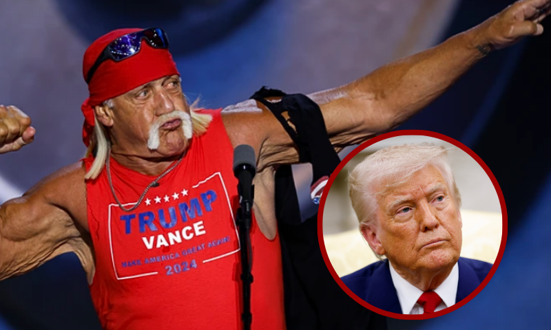 (Background) MILWAUKEE, WISCONSIN - JULY 18: Professional entertainer and wrestler Hulk Hogan poses as he speaks on stage on the fourth day of the Republican National Convention at the Fiserv Forum on July 18, 2024 in Milwaukee, Wisconsin. Delegates, politicians, and the Republican faithful are in Milwaukee for the annual convention, concluding with former President Donald Trump accepting his party's presidential nomination. The RNC takes place from July 15-18. (Photo by Chip Somodevilla/Getty Images) / (R)WASHINGTON, DC - APRIL 07: U.S. President Donald Trump takes a question from a member of the media during a meeting with Israeli Prime Minister Benjamin Netanyahu in the Oval Office of the White House on April 7, 2025 in Washington, DC. President Trump is meeting with Netanyahu to discuss ongoing efforts to release Israeli hostages from Gaza and newly imposed U.S. tariffs. (Photo by Kevin Dietsch/Getty Images)