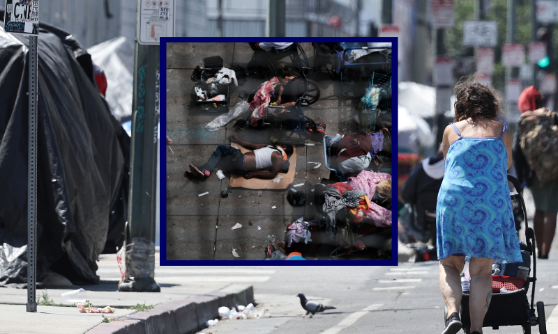 (Center) PHILADELPHIA, PENNSYLVANIA - JULY 19: People gather on a street overtaken by heroin users in Kensington on July 19, 2021 in Philadelphia, Pennsylvania. According to data from the US Centers for Disease Control and Prevention's National Center for Health Statistics, over 93,000 people died from a drug overdose last year in America. These numbers and the continued rise in opioid use made 2020 the deadliest year on record for drug overdoses. Officials have said that the increase is being driven by the lethal prevalence of fentanyl and stressed Americans due to the Covid pandemic. Kensington, a neighborhood in Philadelphia, has become one of the largest open-air heroin markets in the United States. (Photo by Spencer Platt/Getty Images) / (Background) LOS ANGELES, CALIFORNIA - JUNE 28: A person walks near an encampment of unhoused people in the Skid Row community on June 28, 2024 in Los Angeles, California. The U.S. Supreme Court ruled today that cities can ban people, including those who are homeless, from camping and sleeping outdoors in public places, overturning lower court rulings. Skid Row is home to thousands of people who are either experiencing homelessness on the streets or living in shelters. (Photo by Mario Tama/Getty Images)