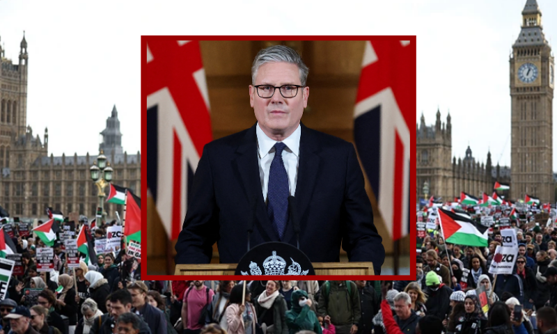 (Background) Protesters hold placards and wave Palestinian flags (HENRY NICHOLLS/AFP via Getty Images) / (Center) Britain's Prime Minister Keir Starmer makes an address following an emergency cabinet meeting on Gaza at 10 Downing Street in London on July 29, 2025. (Photo by Toby Melville / POOL / AFP) (Photo by TOBY MELVILLE/POOL/AFP via Getty Images)