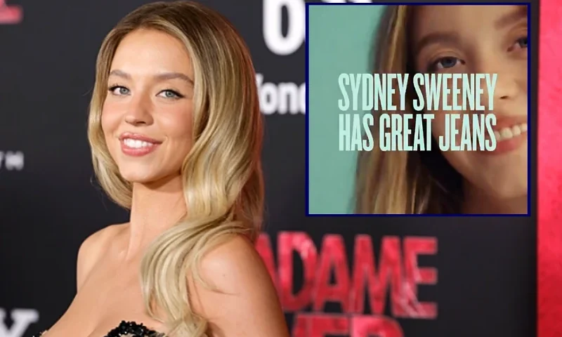 (Background) Sydney Sweeney attends the World Premiere of Sony Pictures' "Madame Web" at Regency Village Theatre on February 12, 2024 in Los Angeles, California. (Frazer Harrison/Getty Images) / (R) Screenshot of American Eagle Sydney Sweeney ad.